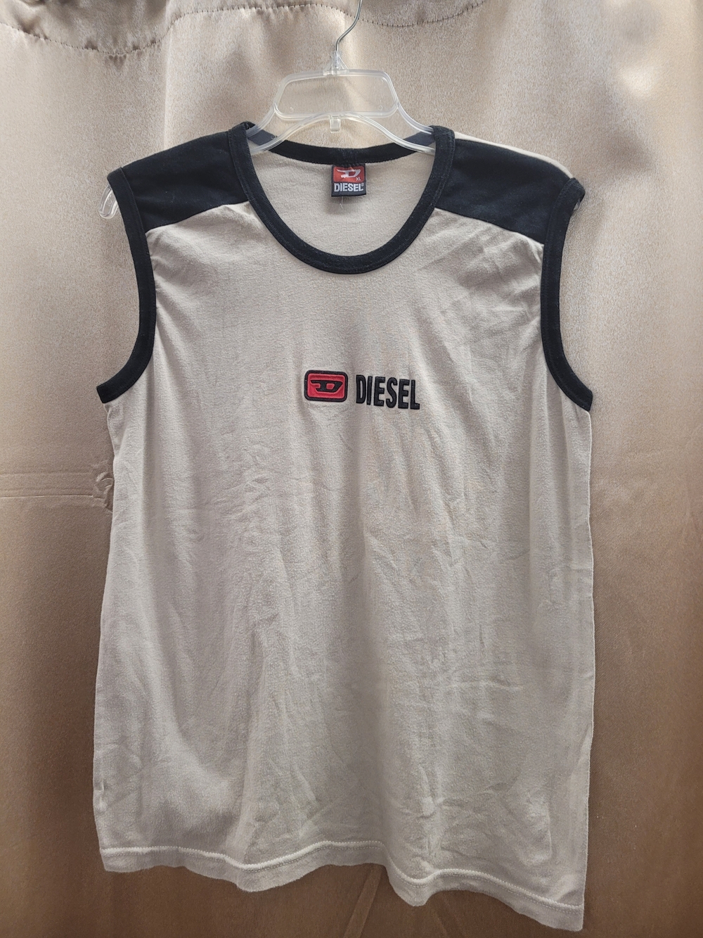 Vintage Diesel White Tank with Black Trim and Red Logo